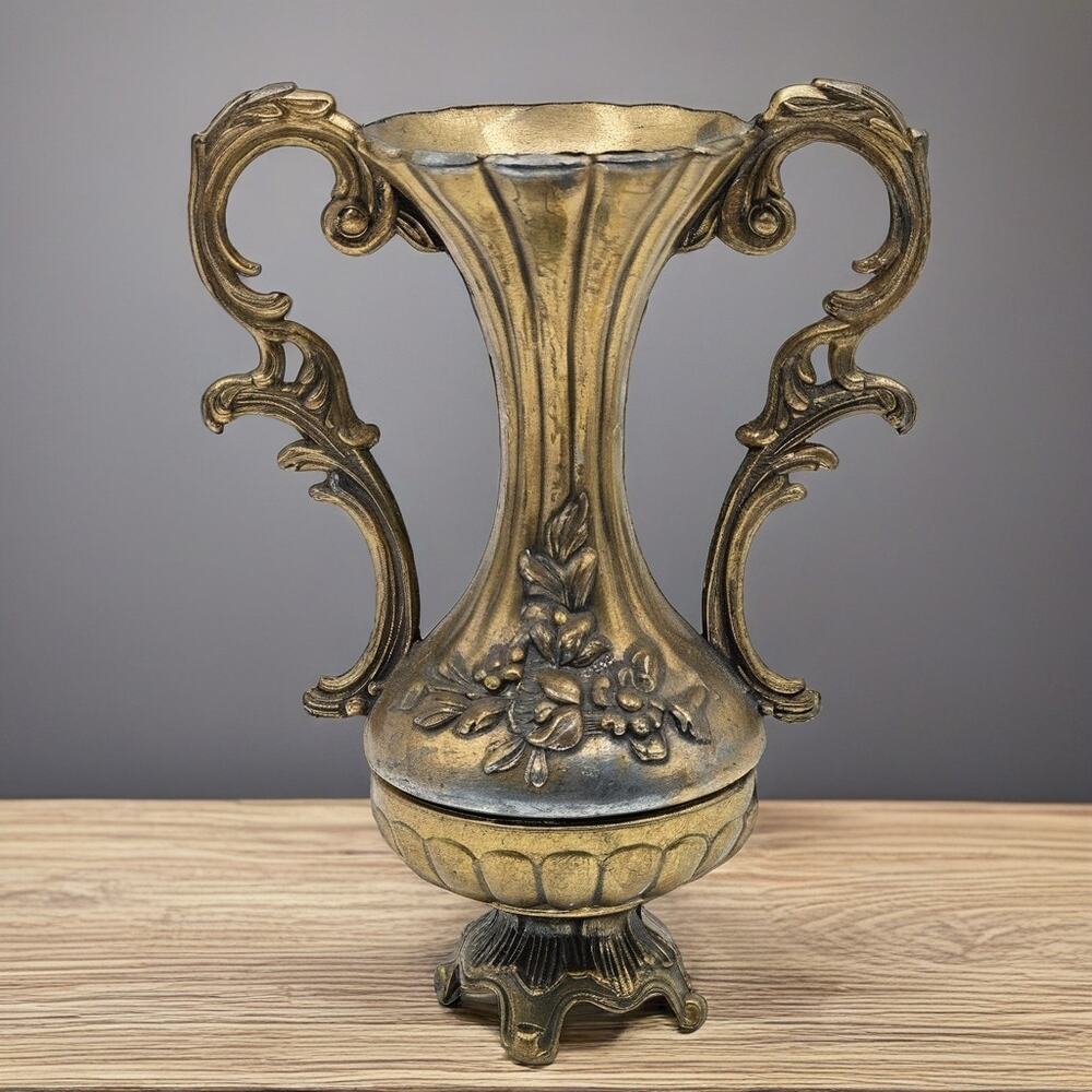 Vintage Italian Metal Bud Vase Gold Tone Ornate Floral Relief Scrolled Handles